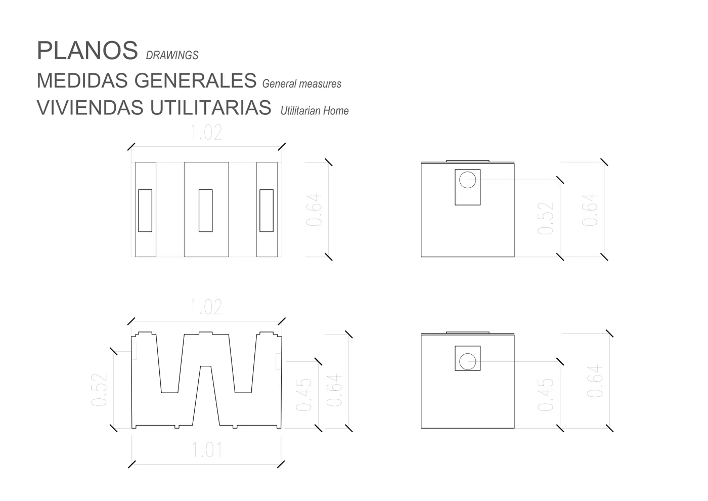 Plano con las medidas generales de la miniplanta para viviendas utilitarias